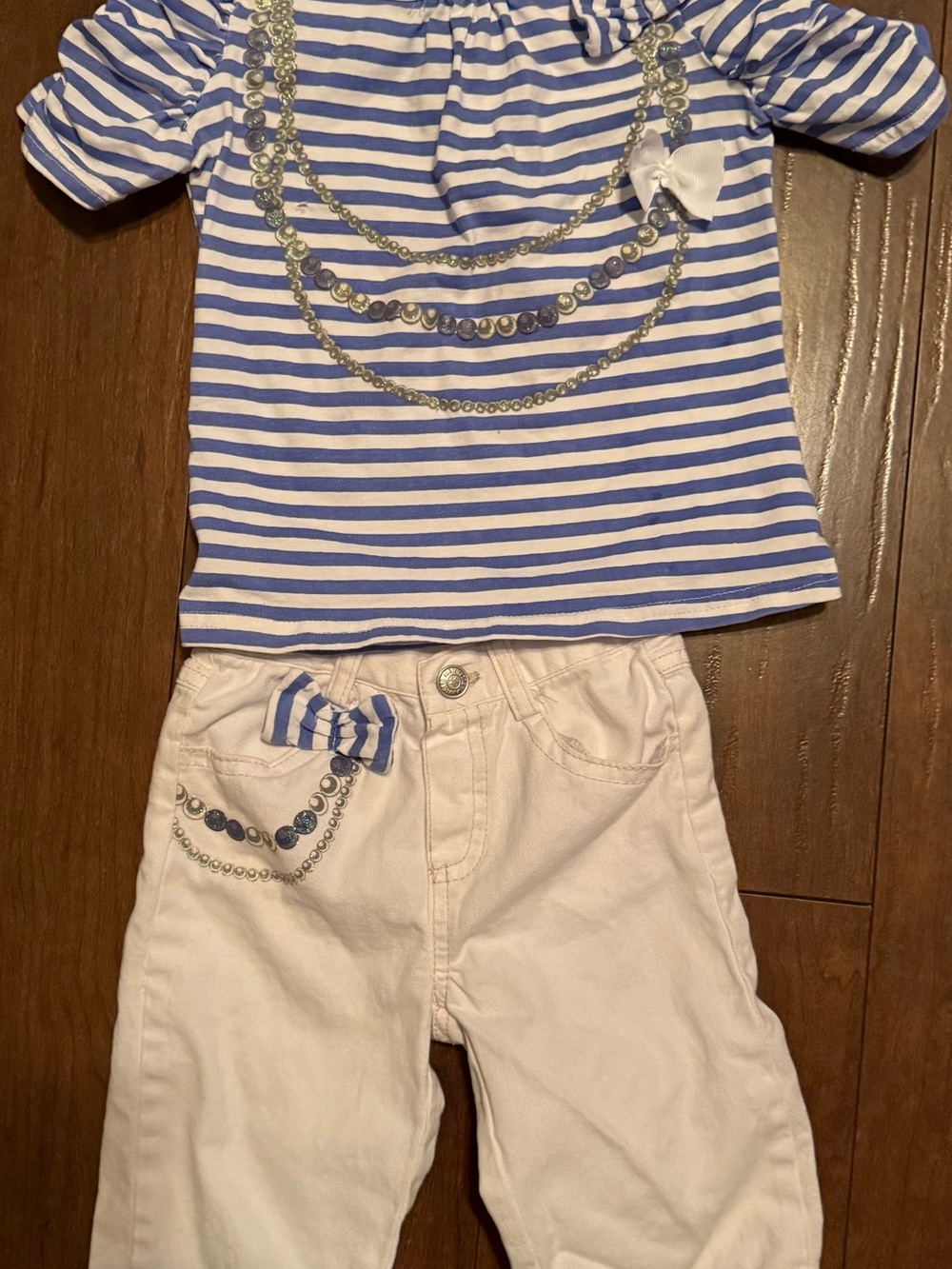 Blue & White Striped Bow Tee with White Pants Set